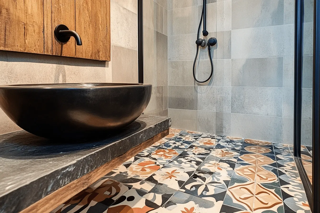 Associer carreaux de ciment et autres matériaux dans la douche pour un effet moderne et élégant